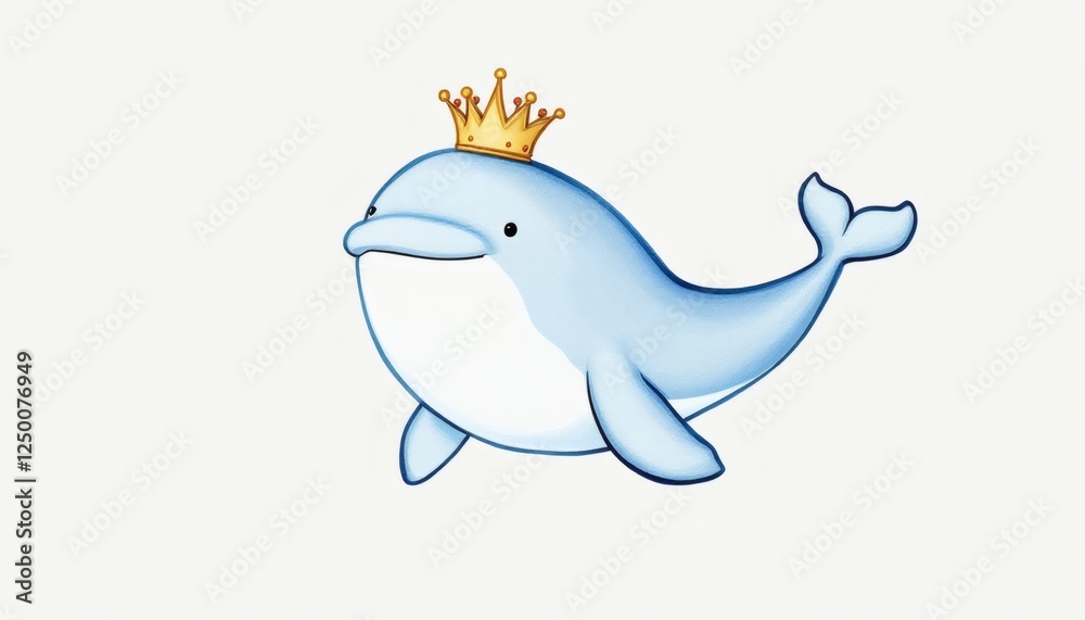 Obraz premium Cheerful Beluga Whale Wearing a Royal Crown Waves Happily in Illustration