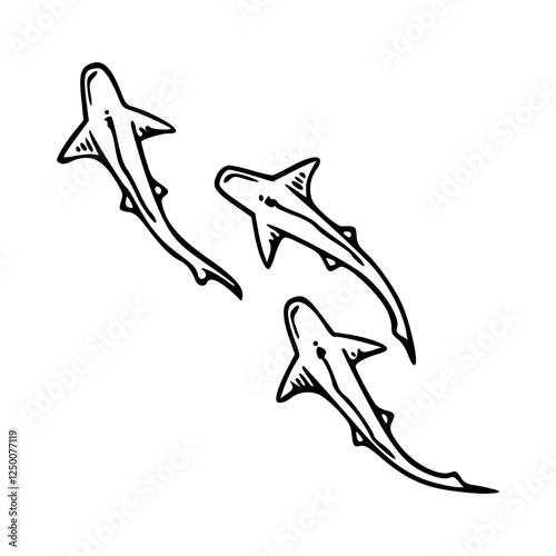 a black and white drawing of a group of sharks