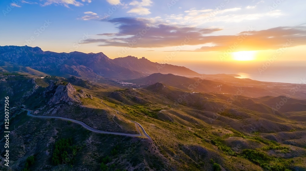 Fototapeta premium Stunning Aerial View of Majestic Mountains at Sunset Overlooking the Ocean : Generative AI