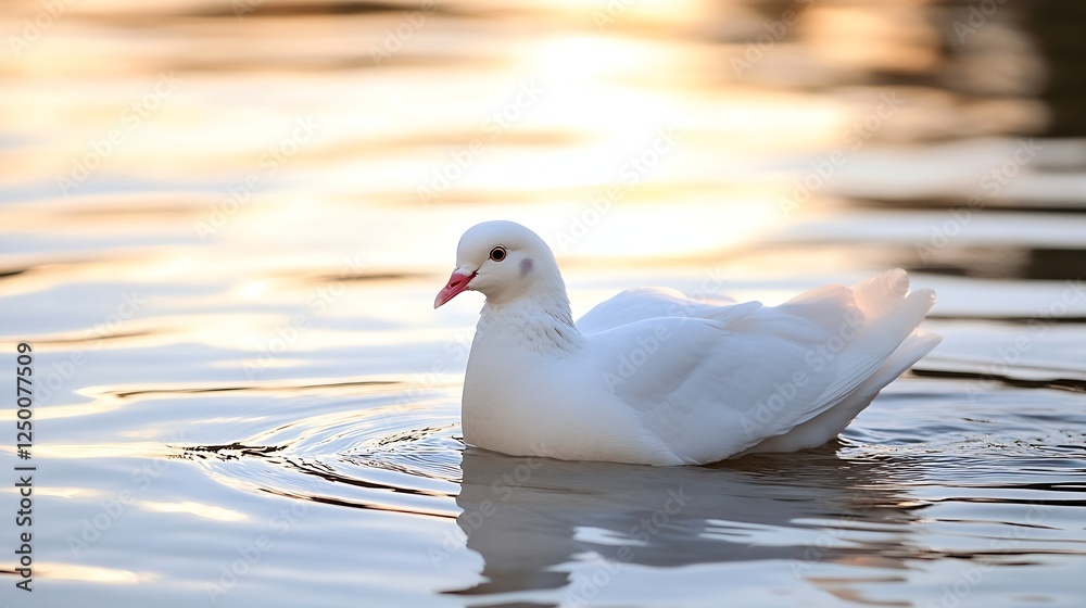 Serene White Dove Floating on Calm Water at Sunset Reflection : Generative AI Serene White Dove Floating on Calm Water at Sunset Reflection : Generative AI
