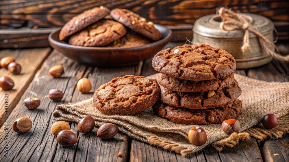 Delicious Bjorg organic chocolate hazelnut cookies arranged on a wooden table with a rustic background, showcasing rich flavors and textures of the treats, cookies, organic cookies Delicious Bjorg organic chocolate hazelnut cookies arranged on a wooden table with a rustic background, showcasing rich flavors and textures of the treats, cookies, organic cookies
