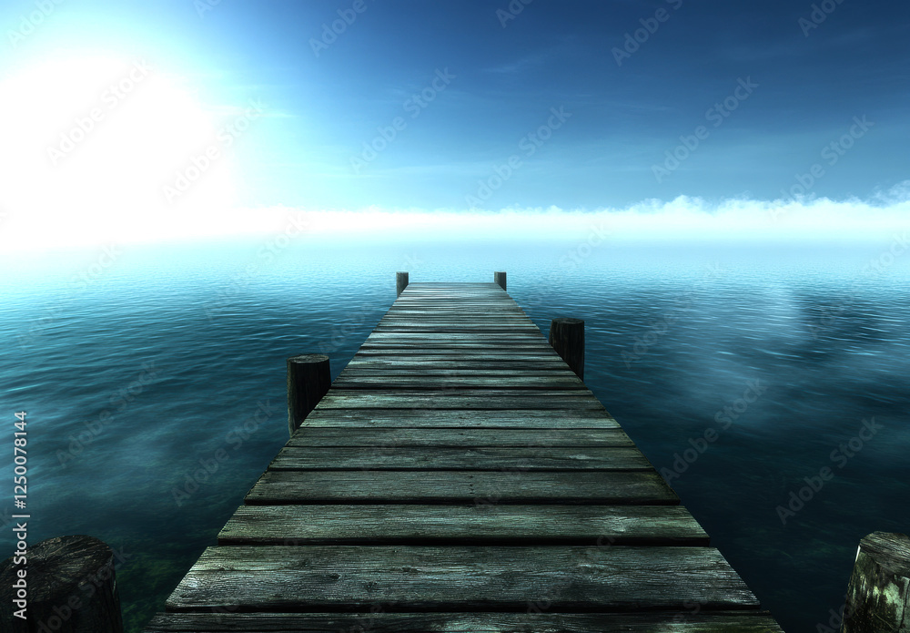 A serene wooden pier extends into calm waters, surrounded by a foggy atmosphere and gentle sunlight, creating a peaceful escape into nature's beauty. A serene wooden pier extends into calm waters, surrounded by a foggy atmosphere and gentle sunlight, creating a peaceful escape into nature's beauty.