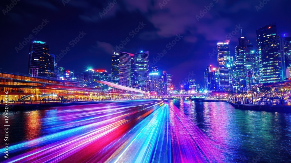 Fototapeta premium A vibrant city skyline at night with colorful lights reflecting on the water.