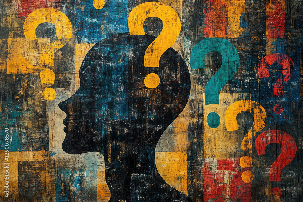 A painting of a person covered in question marks, symbolizing uncertainty and confusion on canvas. A painting of a person covered in question marks, symbolizing uncertainty and confusion on canvas.