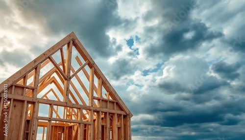 Wooden House Frame Under Dramatic Sky: A Construction Scene photo