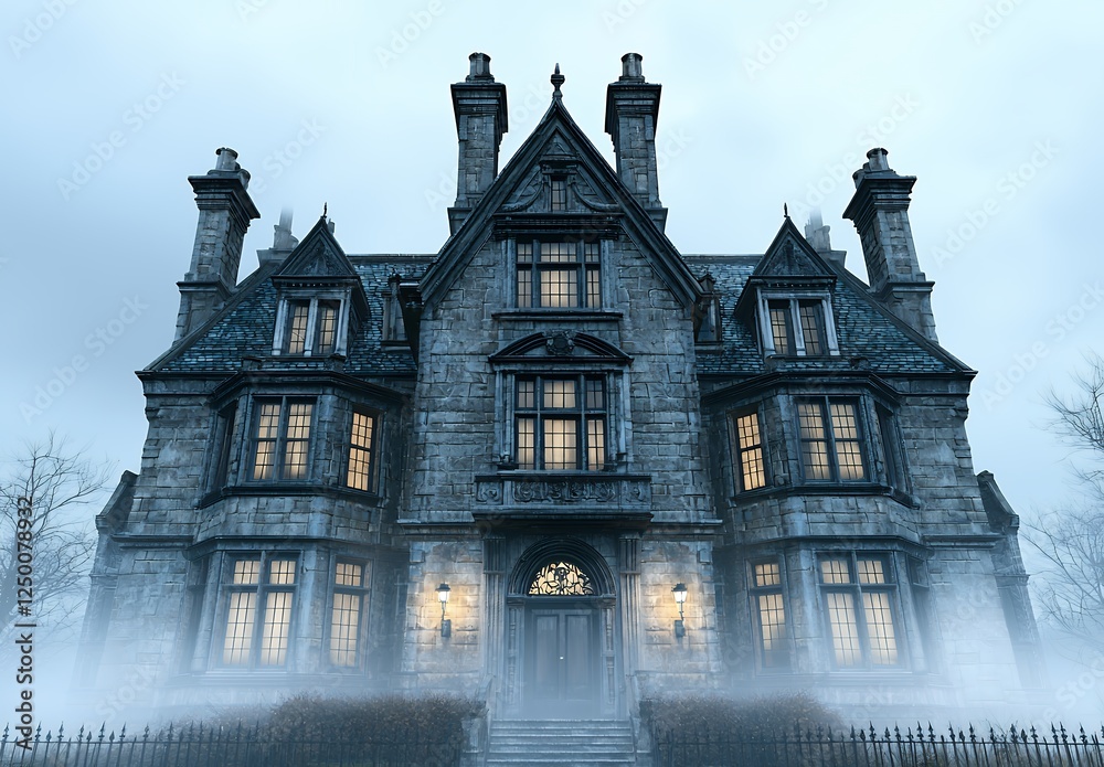 Obraz premium Mysterious Stone Mansion in Mist Gothic Architecture at Dusk