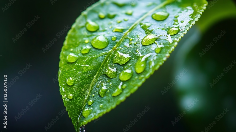 Close up of raindrops on a fresh green leaf in nature : Generative AI Close up of raindrops on a fresh green leaf in nature : Generative AI