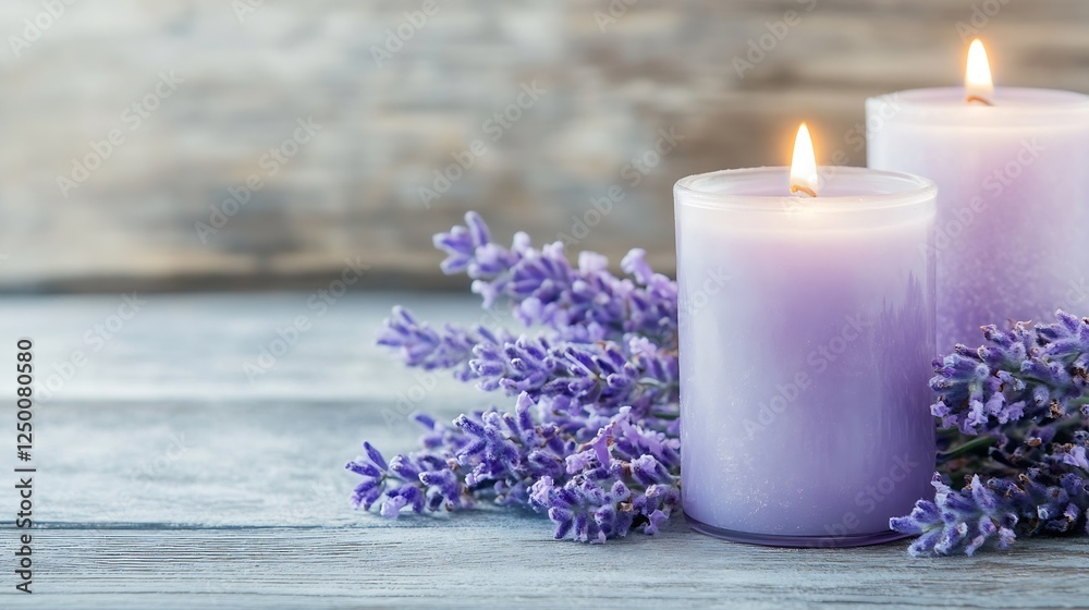Lavender Scented Candles With Fresh Lavender Flowers On Rustic Wooden Surface : Generative AI Lavender Scented Candles With Fresh Lavender Flowers On Rustic Wooden Surface : Generative AI