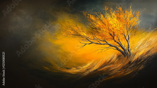 vibrant painting of solitary tree with bright orange leaves against dark, swirling background. artwork captures essence of autumn with dynamic movement and rich colors photo