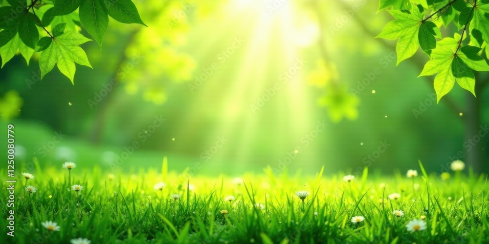 Obraz premium Serene Meadow Landscape Lush Green Grass, Vibrant Foliage, and Gentle Sunlight Illuminating Delicate Wildflowers in a Peaceful Natural Setting