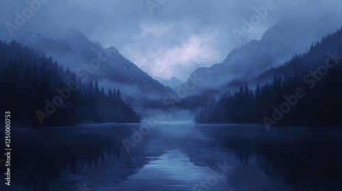 Serene mountain lake reflects soft blue twilight light. AI Generated