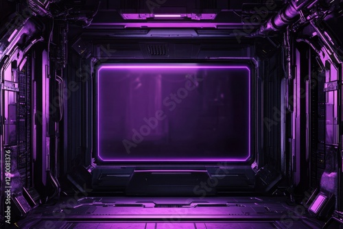 Fototapeta Naklejka Na Ścianę i Meble -  Futuristic spaceship interior corridor with purple glow