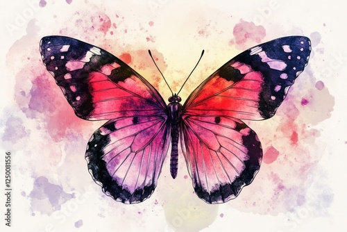 Watercolor Pink Butterfly, Wings Spread, White Background, Nature Art, Design Element