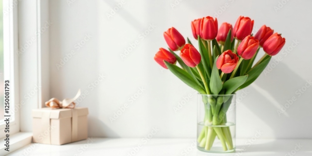 A vibrant bouquet of red tulips in a clear glass vase sits on a white surface near a small gift, bathed in soft sunlight filtering through a nearby window. A vibrant bouquet of red tulips in a clear glass vase sits on a white surface near a small gift, bathed in soft sunlight filtering through a nearby window.