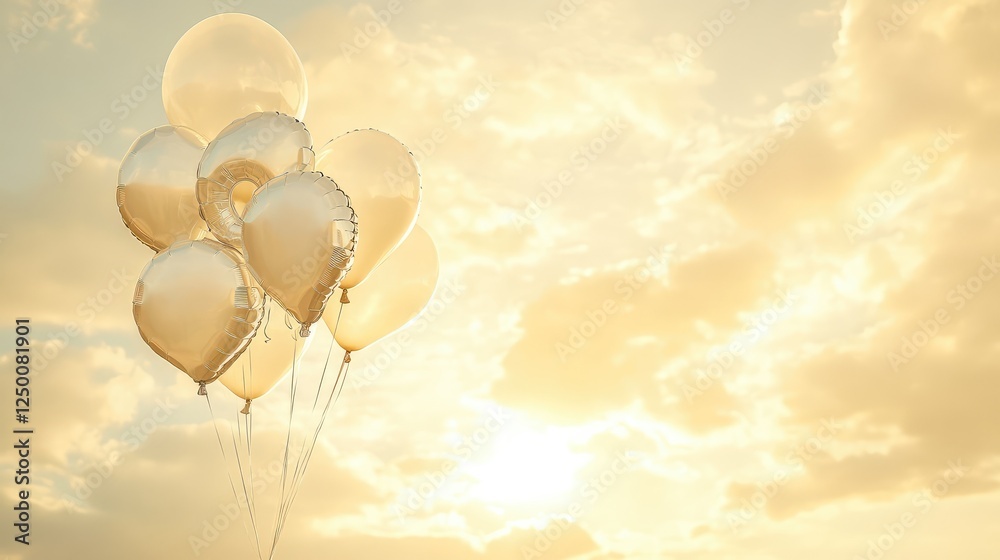 Fototapeta premium A bunch of silver letter balloons tied together, drifting into a warm golden sky, beautiful copy space.