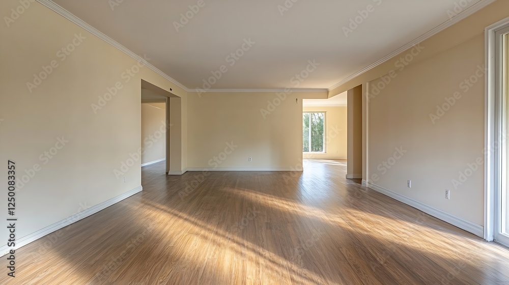 Obraz premium Spacious empty room with natural light and wooden floor ready for decoration : Generative AI