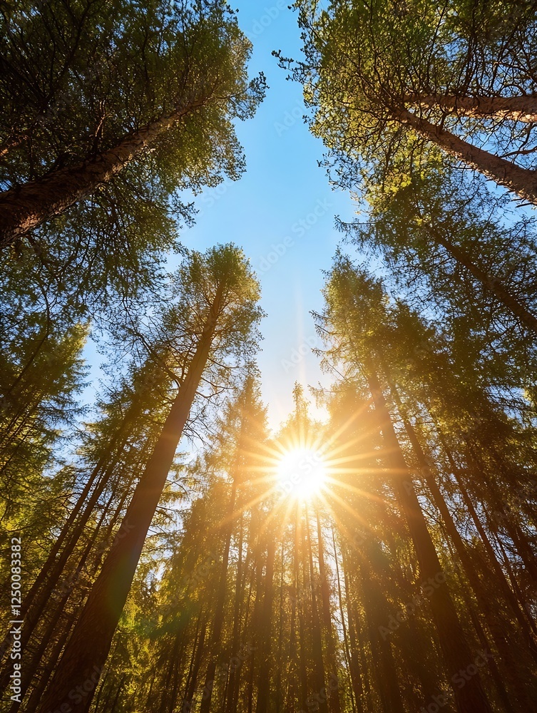 Obraz premium Sunburst Through Tall Trees Creating an Enchanting Forest Scene : Generative AI