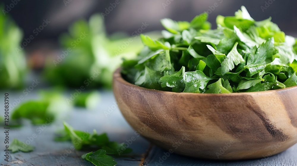 Fresh vibrant parsley leaves in a rustic wooden bowl on a textured background : Generative AI Fresh vibrant parsley leaves in a rustic wooden bowl on a textured background : Generative AI