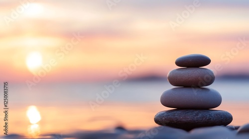 Peaceful stacked stones on a beach at sunset with calm waves in the background : Generative AI