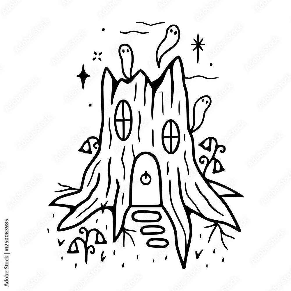 Fototapeta premium a black and white drawing of a ghost tree house in outline style for coloring pages