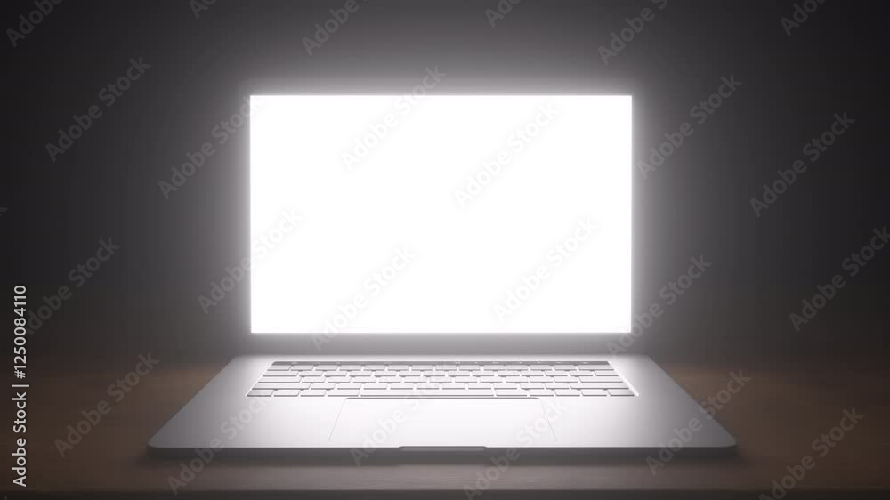 Computer screen glows bright white light. Camera moves inside the computer screen into the light.