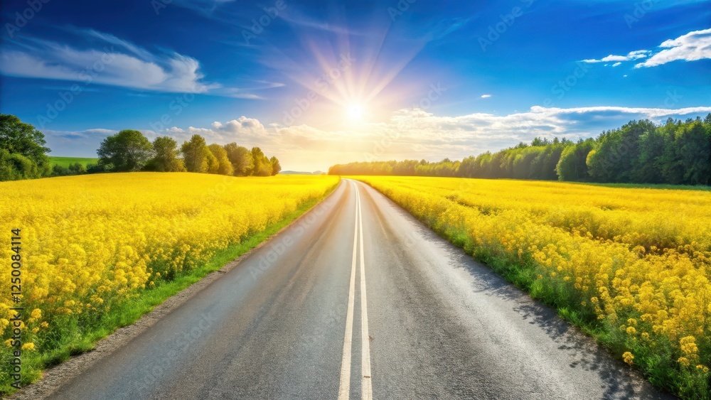 A serene landscape of a deserted asphalt road surrounded by a vibrant and blooming yellow flower field on a sunny summer day, abandoned, countryside A serene landscape of a deserted asphalt road surrounded by a vibrant and blooming yellow flower field on a sunny summer day, abandoned, countryside