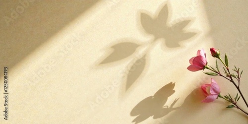 Delicate Pink Blossoms and Leaf Shadows on a Soft Beige Background, a Serene and Elegant Natural Still Life Image Perfect for Design Projects