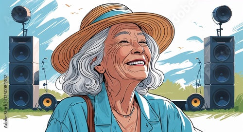 A senior woman delighted with soft waves wearing a summer sunhat enjoying an outdoor jazz concert in a simple hand drawing flat line design