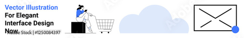Woman sitting with shopping cart and packages, blue cloud, email inbox symbol with notification dot. Ideal for e-commerce, cloud storage, notifications, online shopping, logistics, technology flat