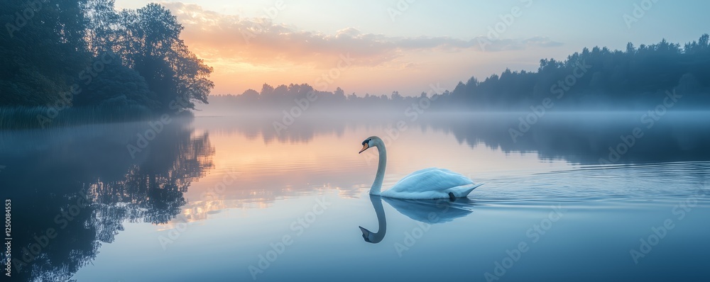 Serene Swan Gliding Across Calm Misty Lake at Dawn Serene Swan Gliding Across Calm Misty Lake at Dawn