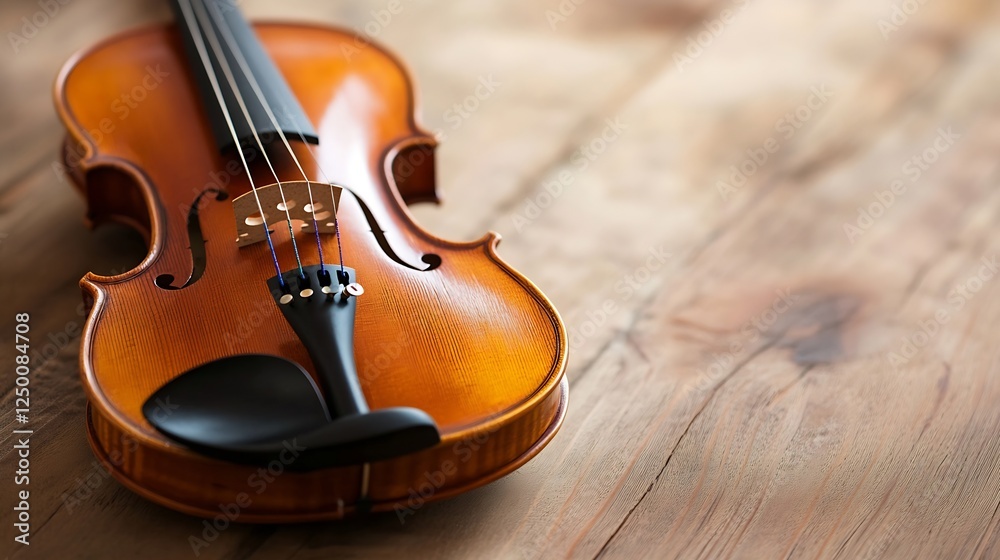 Fototapeta premium Close Up of an Elegant Wooden Violin on a Rustic Wood Table : Generative AI