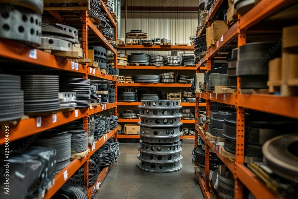Fototapeta premium Industrial Parts Storage: A Warehouse of Metal Discs and Components