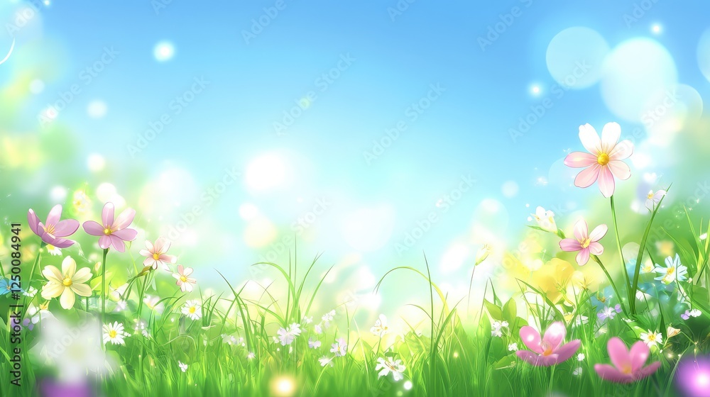Fototapeta premium A field of vibrant spring flowers in full bloom, gently swaying in the breeze under a clear blue sky, soft bokeh copy space.