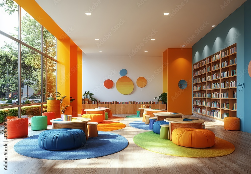 custom made wallpaper toronto digital3D rendering of a modern minimalist children's library in a kindergarten classroom, featuring colorful tables and chairs, white walls, and bookshelves.