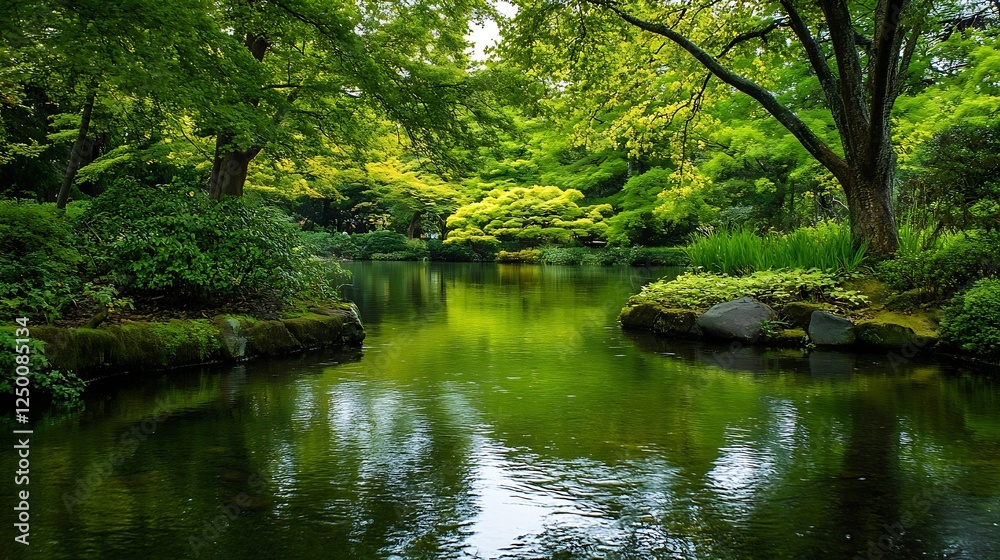 Tranquil Scene of a Lush Japanese Garden with Reflective Water and Green Foliage : Generative AI Tranquil Scene of a Lush Japanese Garden with Reflective Water and Green Foliage : Generative AI