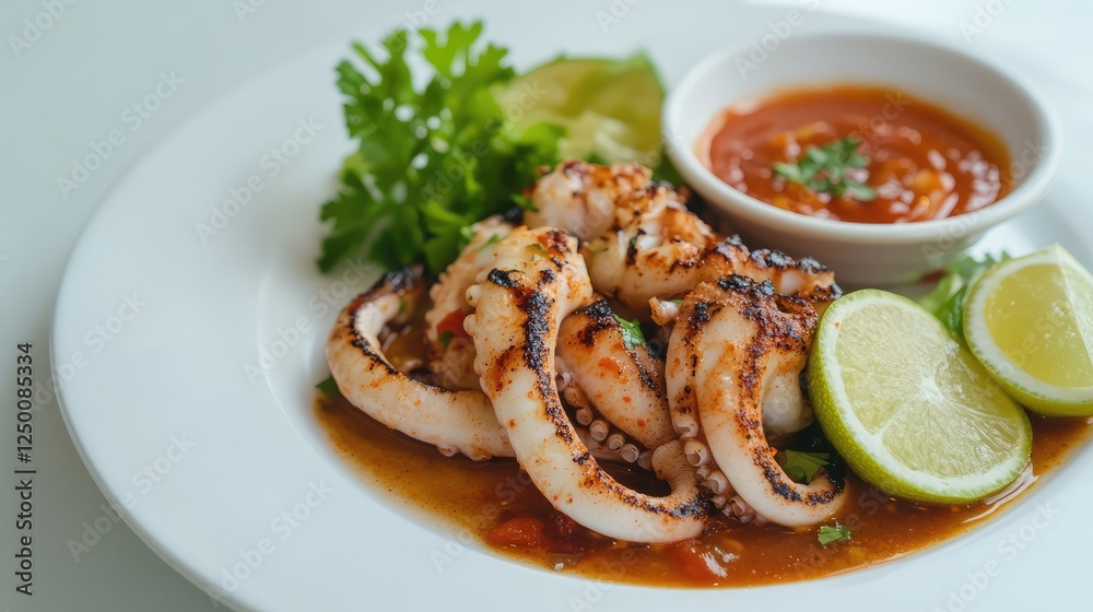 A fresh serving of grilled squid paired with seafood dipping sauce on a clean white plate, with ample open space around it for creative text or logo. A fresh serving of grilled squid paired with seafood dipping sauce on a clean white plate, with ample open space around it for creative text or logo.