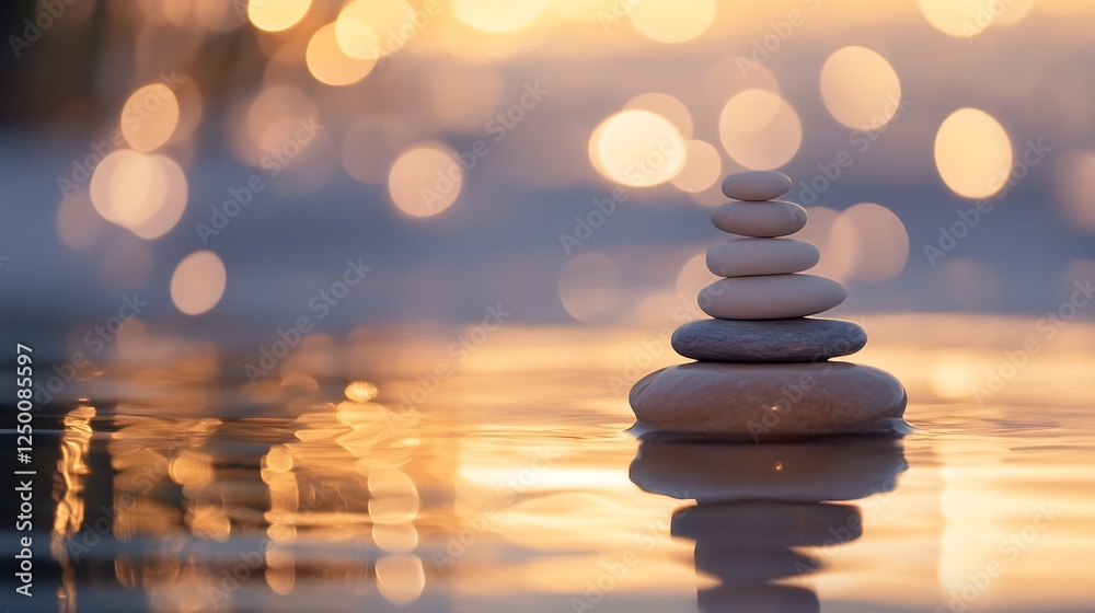 Obraz premium Calm and Peaceful Zen Stone Stacking on Water Surface with Golden Reflection : Generative AI
