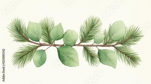 Detailed illustration of a pine branch with green leaves and pine needles on a light background