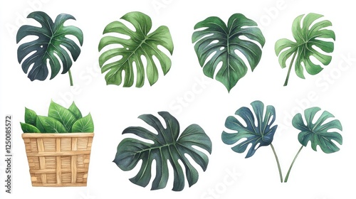 A collection of lush green tropical leaves arranged artistically, showcasing their vibrant textures and shapes