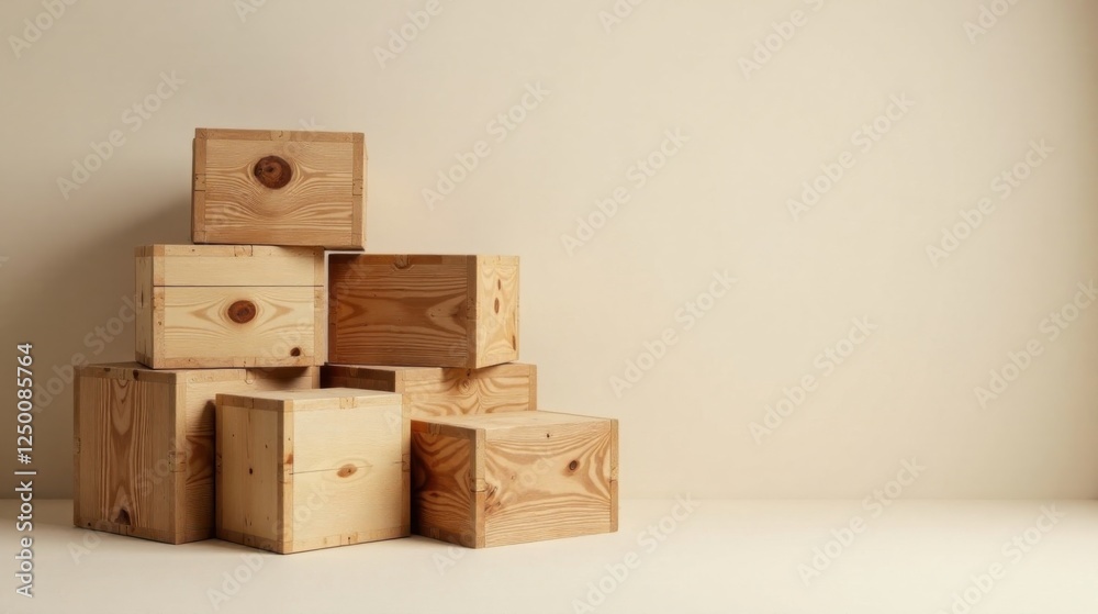 Fototapeta premium A Stack of Unfinished Wooden Boxes Against a Neutral Background Provides a Rustic, Minimalist Aesthetic for Product Displays or Design Composition