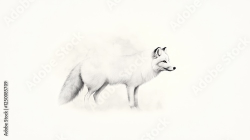 Elegant white fox standing gracefully in a snowy landscape, surrounded by soft mist and tranquility
