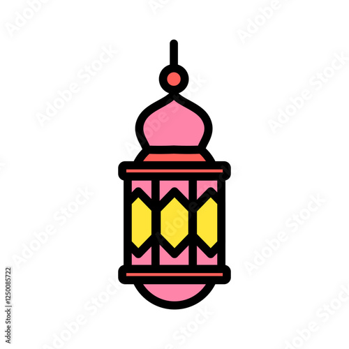 Minimalist outline illustration of an Arabic lantern with colorful accents, symbolizing Ramadhan, Islam, and Eid Fitri.