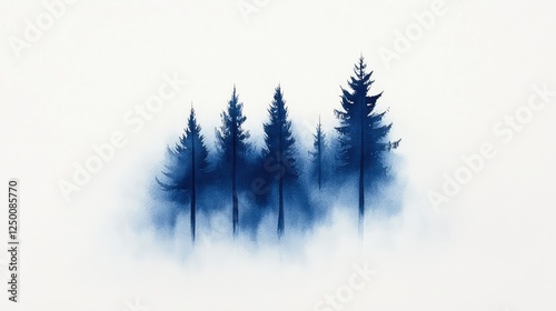 Serene misty forest landscape with tall evergreen trees silhouetted against a soft background
