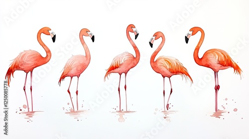 Group of five elegant flamingos standing in shallow water, showcasing their vibrant colors and reflections