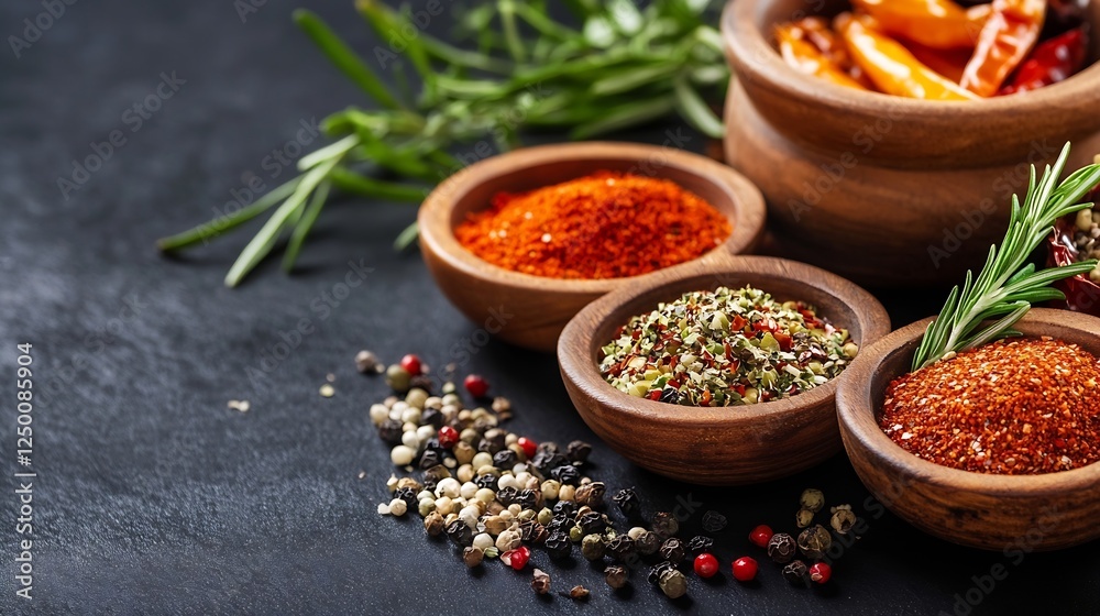 Colorful spices and herbs in wooden bowls on a dark background : Generative AI Colorful spices and herbs in wooden bowls on a dark background : Generative AI