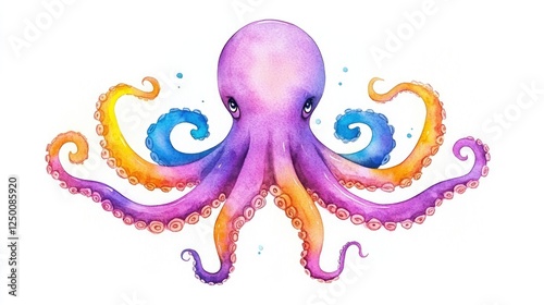 Colorful watercolor octopus with vibrant tentacles, set against a white background, ideal for art projects