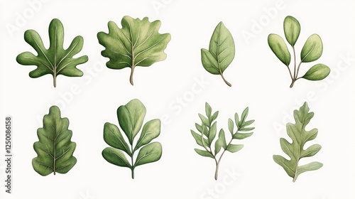 A collection of hand-painted green leaves showcasing diverse shapes and textures on a light background