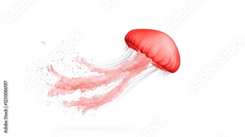 Vibrant red jellyfish gracefully swimming through a clean, white background, symbolizing ocean life
