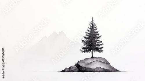 Serene landscape featuring a solitary tree on a rock island with distant mountains in a misty background