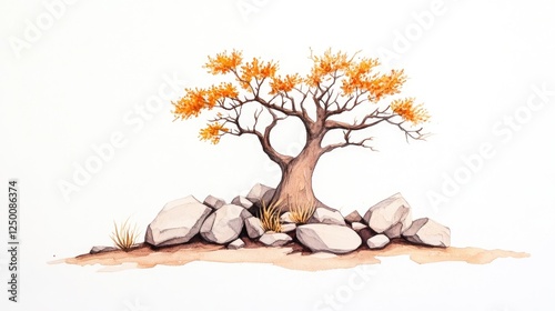 A solitary tree with vibrant orange leaves stands on a rocky terrain under a clear sky
